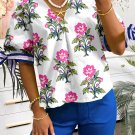 White Floral Colorblock Stripe Knot Bubble Sleeve V Neck Blouse