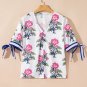 White Floral Colorblock Stripe Knot Bubble Sleeve V Neck Blouse