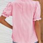 Pink Stripe Notched Neck Frilled Short Puff Sleeve Blouse