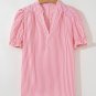 Pink Stripe Notched Neck Frilled Short Puff Sleeve Blouse