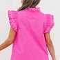Bright Pink Contrast Scallop Trim Layered Short Sleeve V Neck Blouse