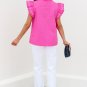 Bright Pink Contrast Scallop Trim Layered Short Sleeve V Neck Blouse
