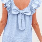 Beau Blue Textured Bow Knot Frilled Butterfly Sleeve Blouse