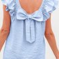 Beau Blue Textured Bow Knot Frilled Butterfly Sleeve Blouse