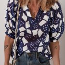 Blue Abstract Print Frilled Puff Sleeve V Neck Blouse