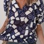 Blue Abstract Print Frilled Puff Sleeve V Neck Blouse