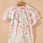 Pink Floral Print Striped Contrast Tiered Ruffled Sleeve V Neck Blouse