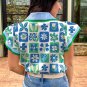 Green Floral Plaid Colorblock Trim Collar Flutter Sleeve Blouse