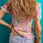 Pink Floral Puff Short Sleeve Crewneck Blouse