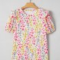 Pink Floral Puff Short Sleeve Crewneck Blouse