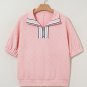 Light Pink Contrast Striped Collar Patchwork Textured Half Sleeve Blouse