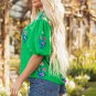 Green Floral Detail Tie Split Neck Short Sleeve Blouse