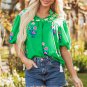 Green Floral Detail Tie Split Neck Short Sleeve Blouse