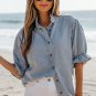 Beau Blue Ruffle Short Puff Sleeve Summer Chambray Shirt
