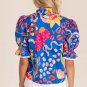 Blue Abstract Print Frilled Collar Ruffled Puff Short Sleeve Top