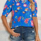 Blue Floral Short Puff Sleeve Button Up Shirt