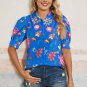 Blue Floral Short Puff Sleeve Button Up Shirt