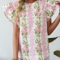 Pink Floral Print Ruffled Sleeve Summer Top