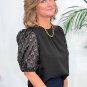 Black Feather Bubble Sleeve Patchwork Textured Blouse