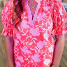 Red Floral Split V Neck Ruffled Short Sleeve Blouse Top