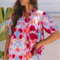 Pink Floral Print Bubble Sleeve Button Up Pleated Shirt