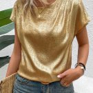 Gold Glossy Round Neck Pleated Detail Short Sleeve Blouse