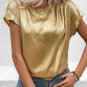Gold Glossy Round Neck Pleated Detail Short Sleeve Blouse