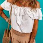 White Off Shoulder Ruffle Knotted Detail Swiss Dot Blouse