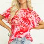 Red Abstract Print Ruffled Short Sleeve Mock Neck Blouse