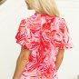 Red Abstract Print Ruffled Short Sleeve Mock Neck Blouse