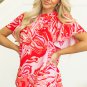 Red Abstract Print Ruffled Short Sleeve Mock Neck Blouse