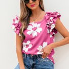 Pink Floral Textured Ruffled Short Sleeve Square Neck Blouse
