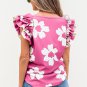 Pink Floral Textured Ruffled Short Sleeve Square Neck Blouse