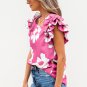 Pink Floral Textured Ruffled Short Sleeve Square Neck Blouse