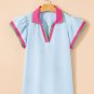 Beau Blue Color Contrast Ruffled Sleeve Collared V Neck Blouse