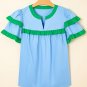Mist Blue Contrast Notched Neck Frilly Detail Short Sleeve Blouse