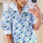 Sky Blue Floral Print Striped Patchwork Collared Short Sleeve Blouse