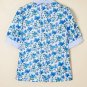 Sky Blue Floral Print Striped Patchwork Collared Short Sleeve Blouse