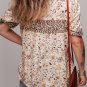 Khaki Boho Floral Print Half Placket Short Sleeve Loose Blouse