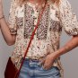 Khaki Boho Floral Print Half Placket Short Sleeve Loose Blouse