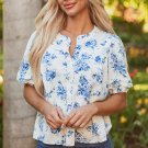 Sky Blue Floral Tiered Puff Short Sleeve Pleated Bust Buttoned Casual Shirt