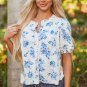 Sky Blue Floral Tiered Puff Short Sleeve Pleated Bust Buttoned Casual Shirt