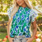 Green Floral Print Lace Trim Contrast Ruffle Sleeve Pleated Loose Blouse