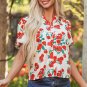 Red Floral Print Ruffled Puff Sleeve Elegant Summer Shirt