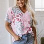 Pink Mixed Leopard Print V Neck Short Sleeve Blouse
