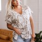 Khaki Floral Print V Neck Short Sleeve Loose Fit Blouse