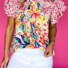 Red Floral Mixed Print Ruffle Cap Sleeve Blouse