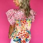 Red Floral Mixed Print Ruffle Cap Sleeve Blouse