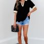 Black Color Contrast Collared V Neck Puff Sleeve Blouse