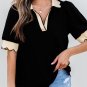 Black Color Contrast Collared V Neck Puff Sleeve Blouse